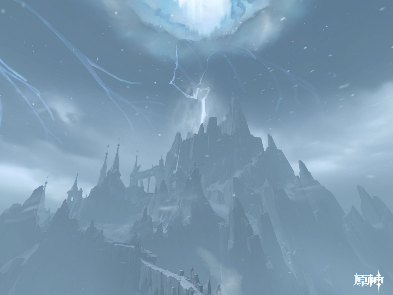 A jagged, snow-covered mountain peak rises toward a glowing hole in a stormy, lightning-filled sky.