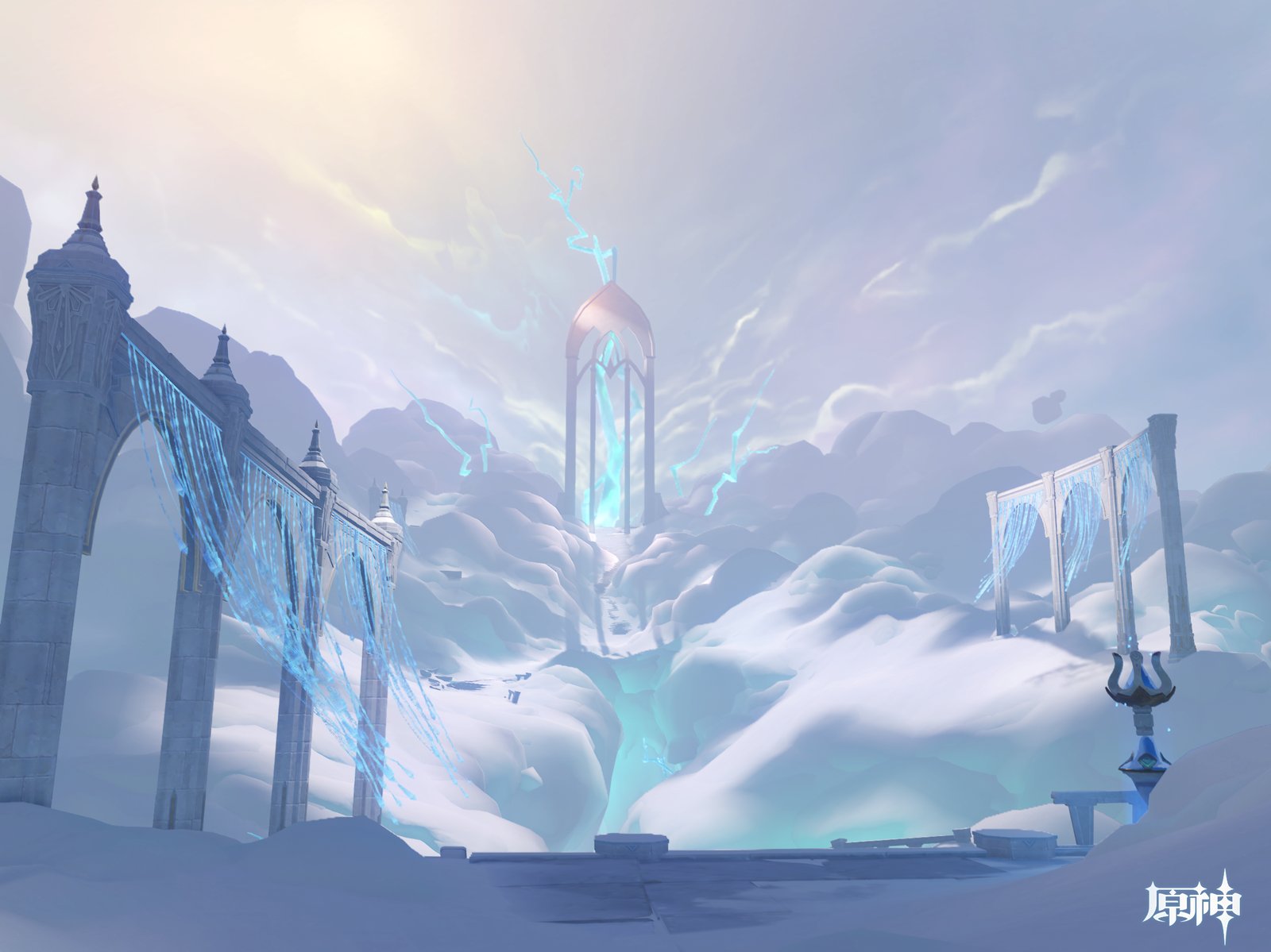 An ethereal, snow-covered landscape features ancient stone arches and a glowing tower shrouded in misty clouds under a soft, light-filled sky.