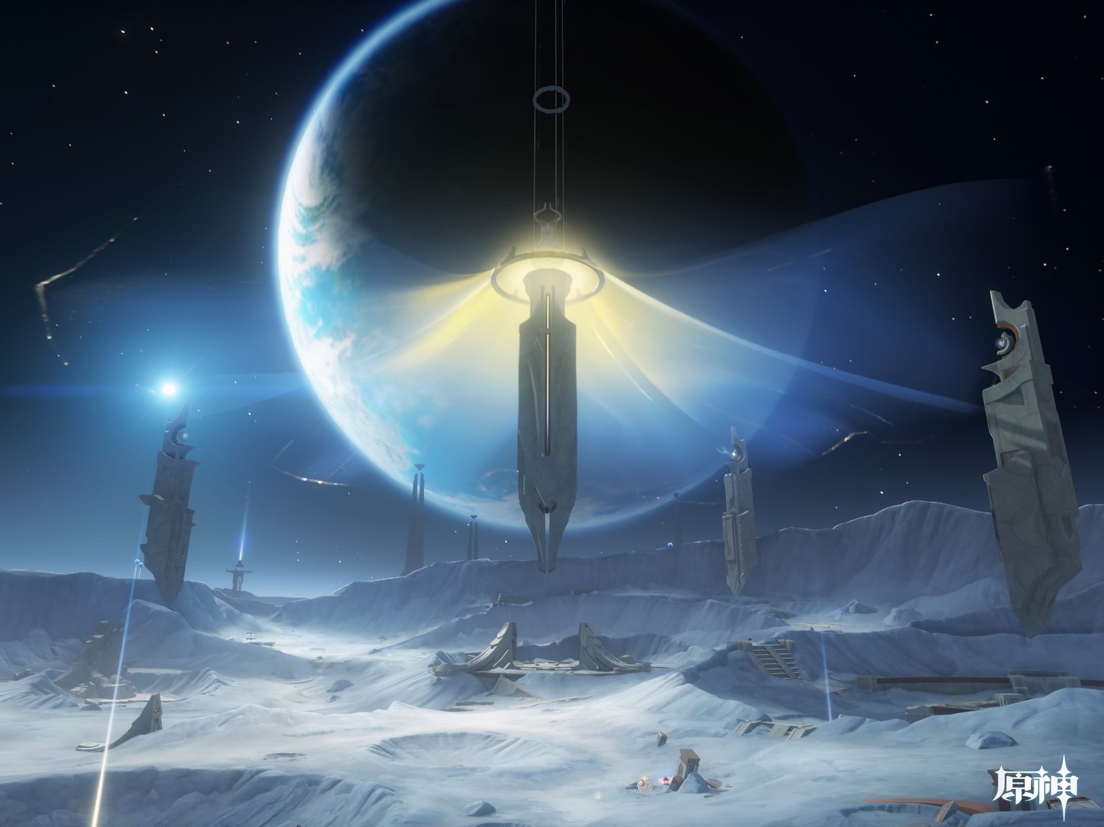 A giant, glowing mechanical spire floats above a barren, icy lunar landscape with ancient ruins under a large planet in the night sky.