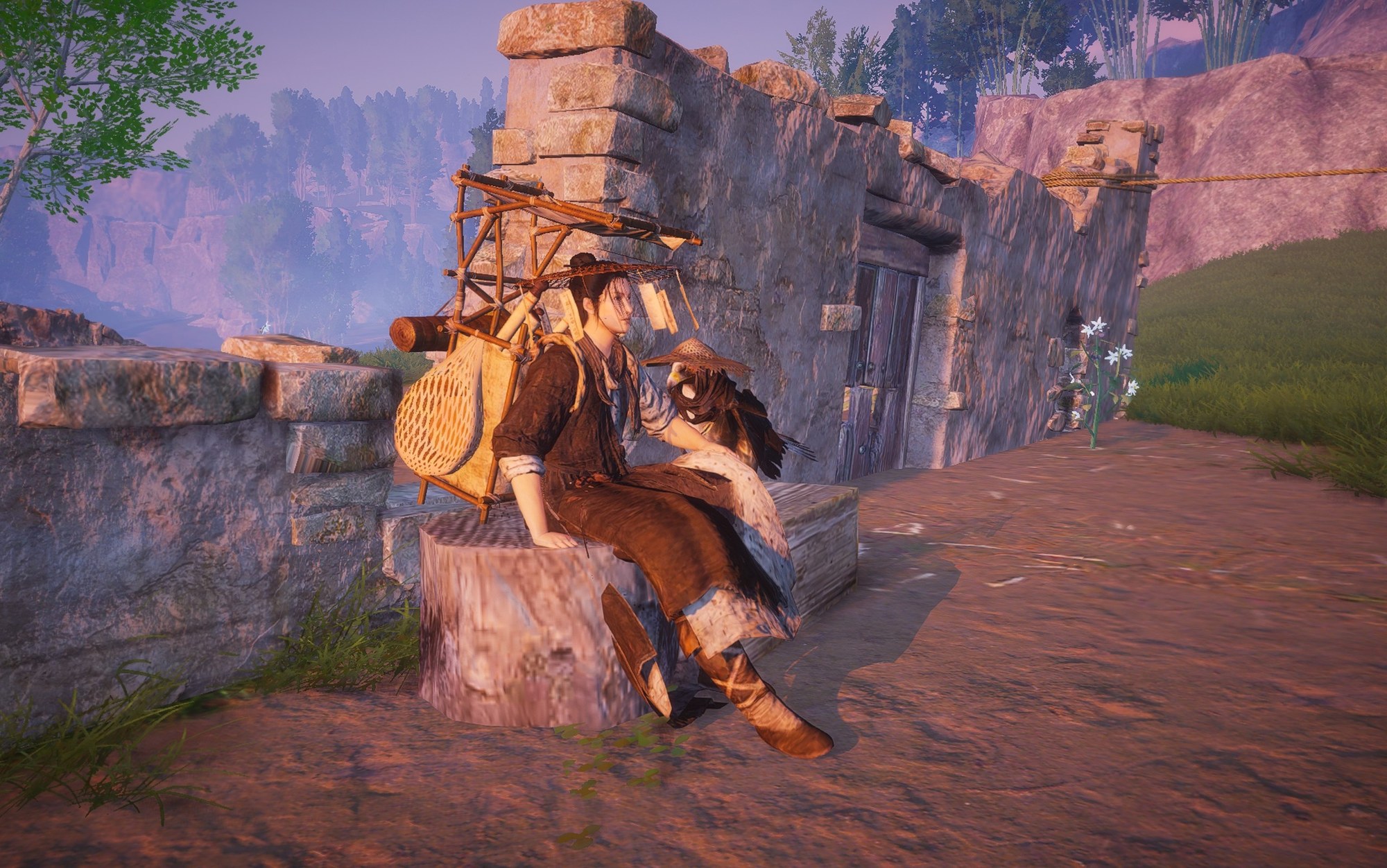 A traveler wearing a traditional bamboo hat and carrying a large wooden frame on their back sits on a stump next to a small owl with a matching hat.