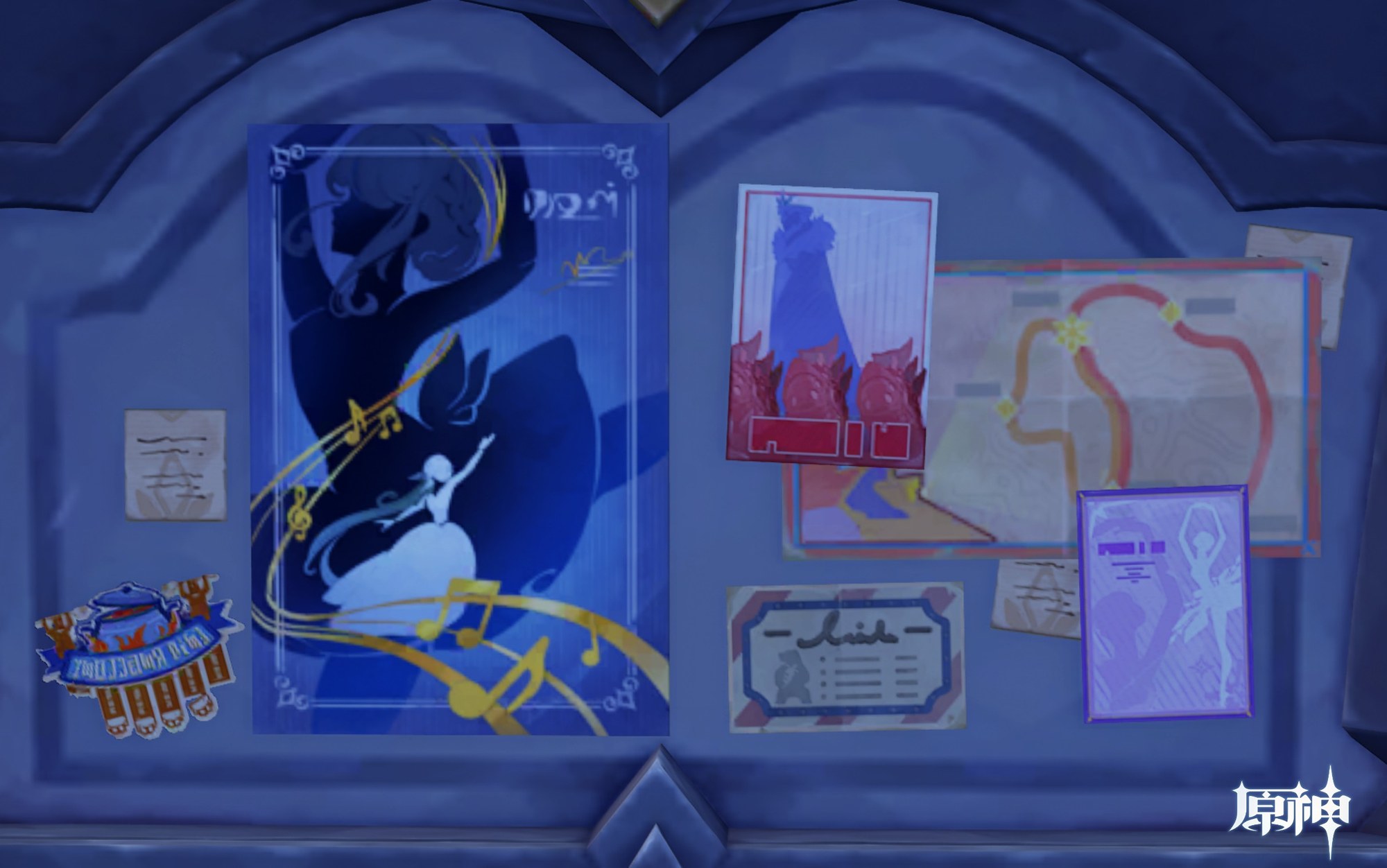 in-game bulletin board showing several posters, one of which advertising for ballet and opera.