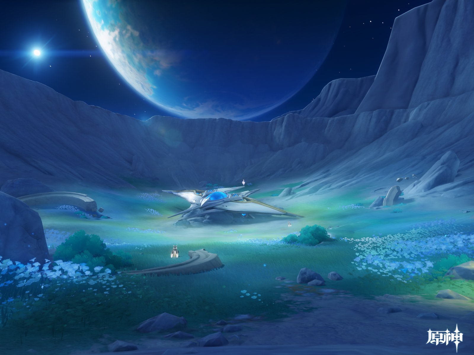 A sleek, futuristic spacecraft sits in the center of a crater filled with glowing blue flowers beneath a large, luminous planet in the night sky.