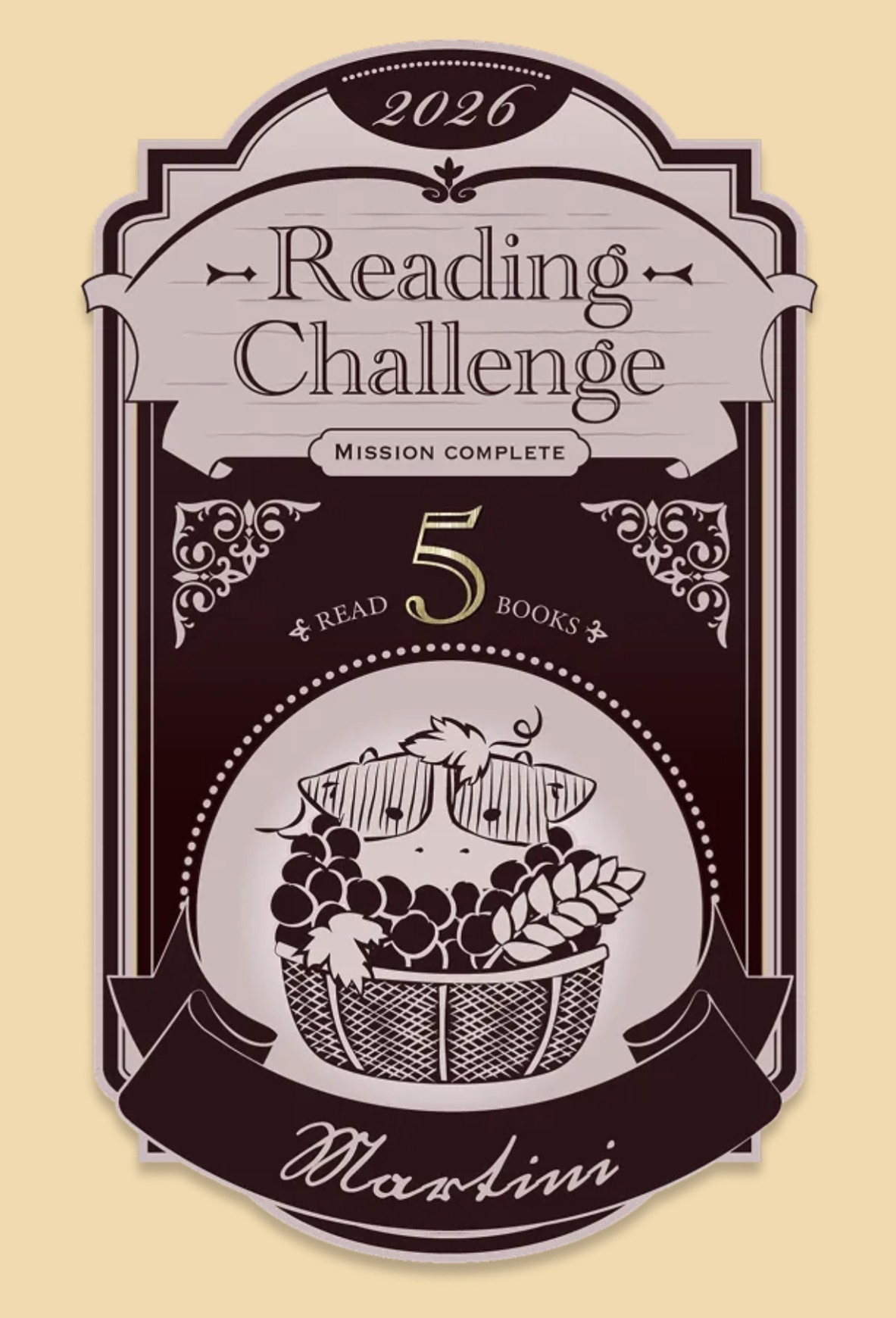 A vertical label for a 2026 reading challenge displays a graphic of a basket of grapes and wheat with the text Martini at the bottom.