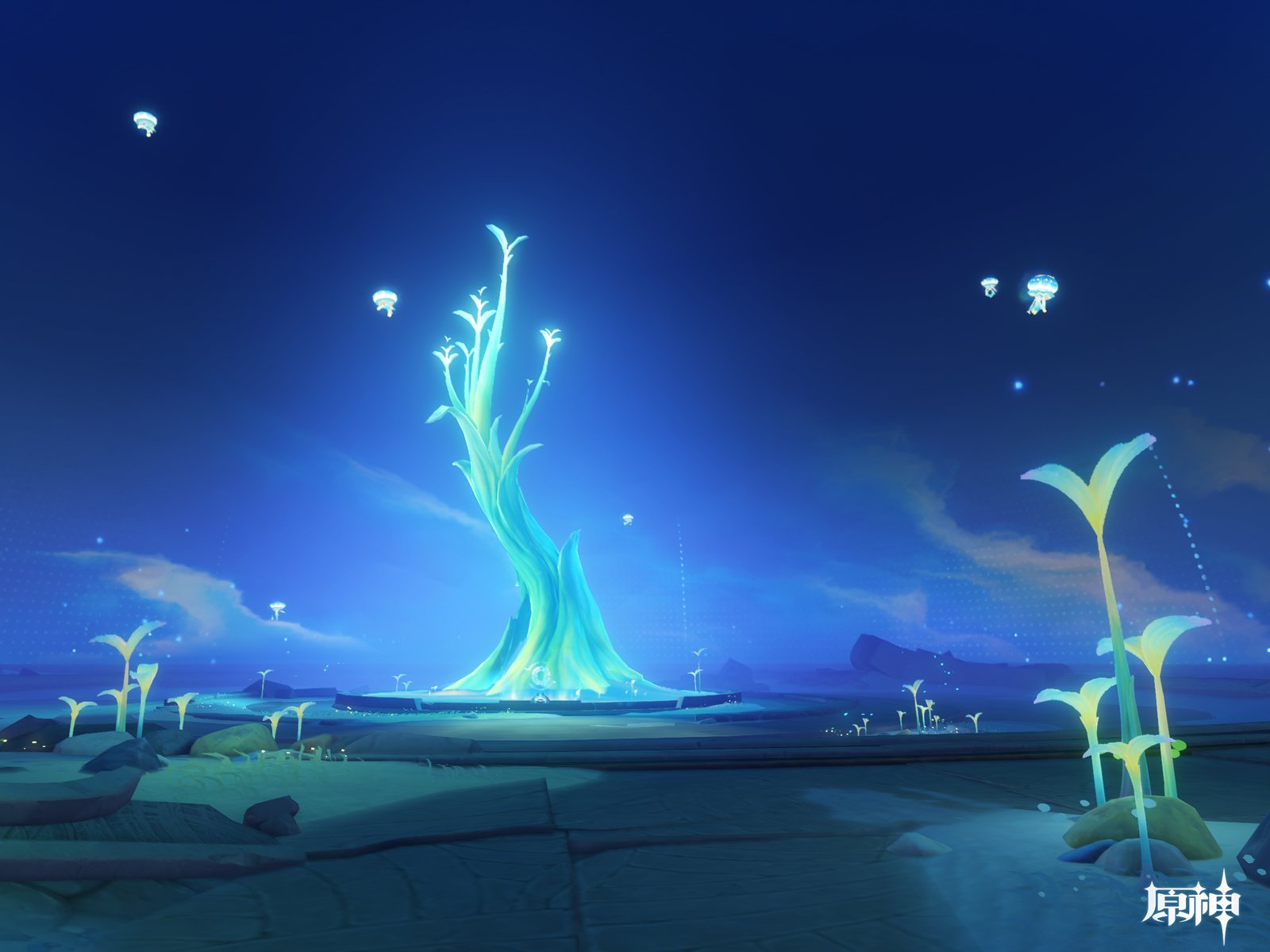 A glowing, ethereal tree stands in the center of a dark, dreamlike landscape filled with floating jellyfish and bioluminescent flora under a starry night sky.