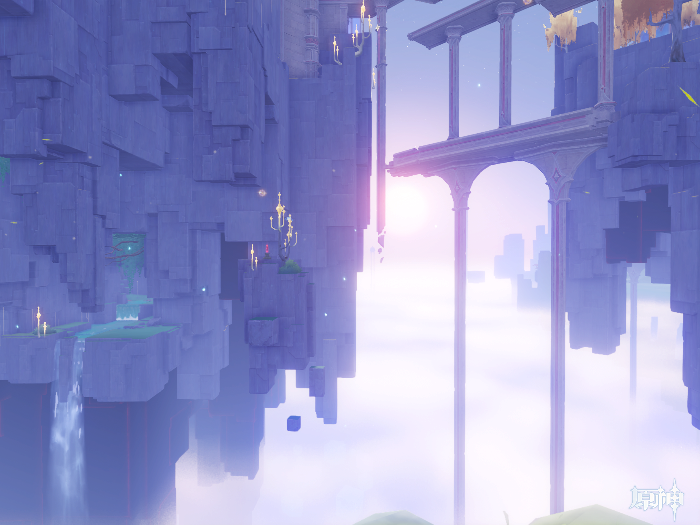 A cinematic landscape view from the game Genshin Impact shows ancient, block-like stone structures floating above a sea of clouds at sunset.