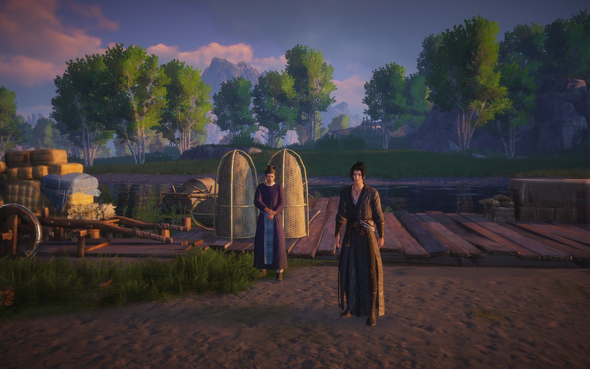 Two characters in traditional fantasy-style clothing stand on a wooden pier near a river at sunset.