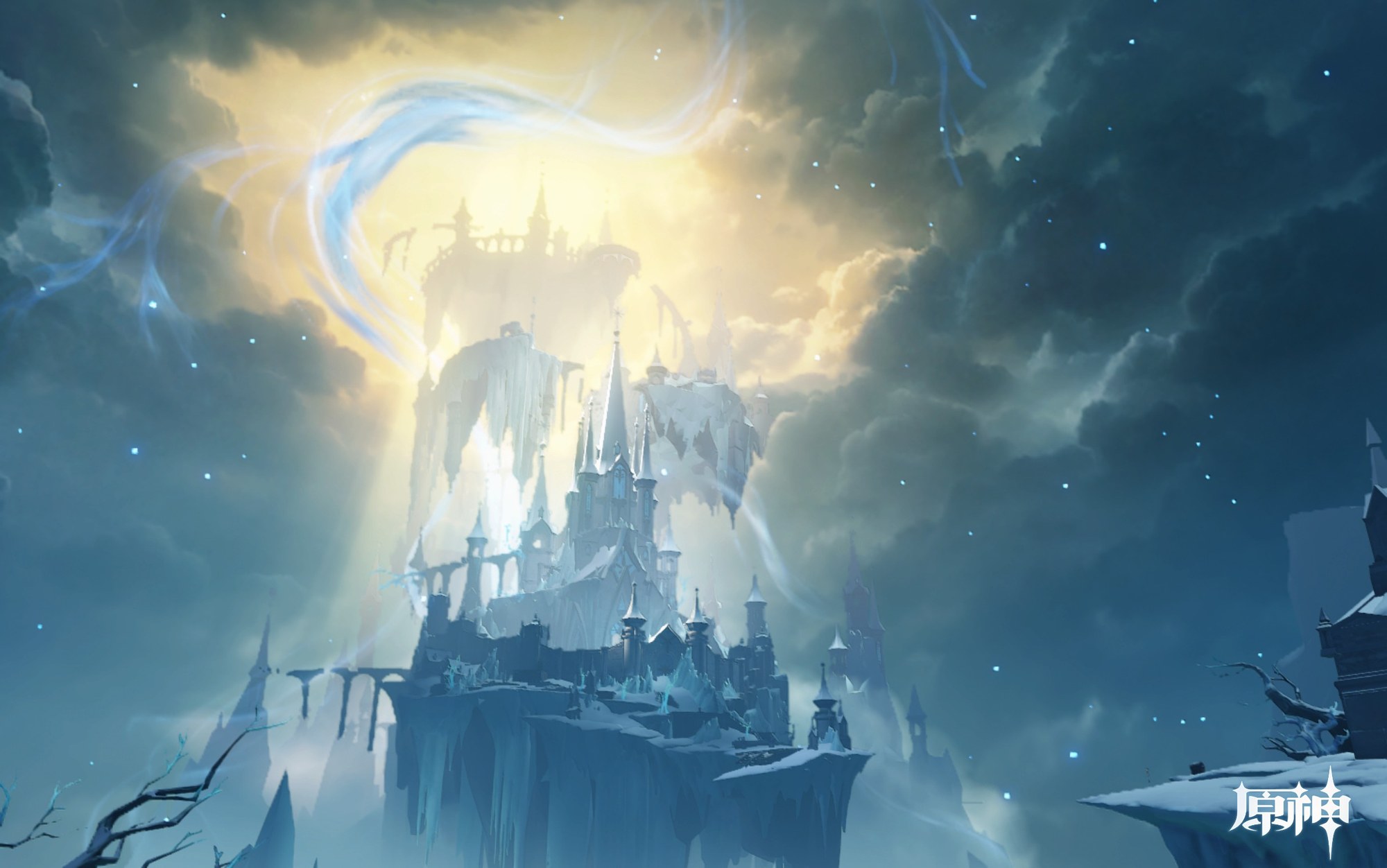 A majestic, ice-covered castle floats amidst dramatic clouds and glowing light in this scene from Genshin Impact.