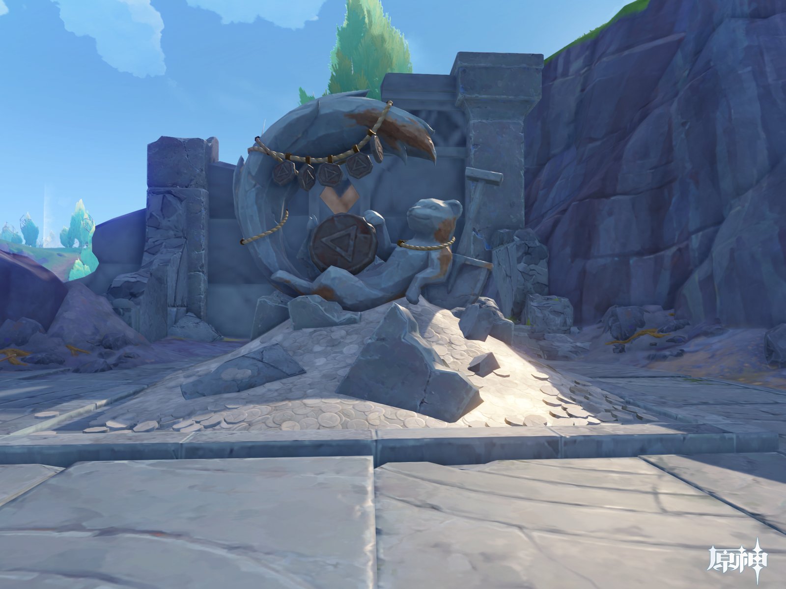 A stone statue of a resting animal surrounded by a crescent-shaped rock formation and a pile of coins sits in a ruined outdoor area.