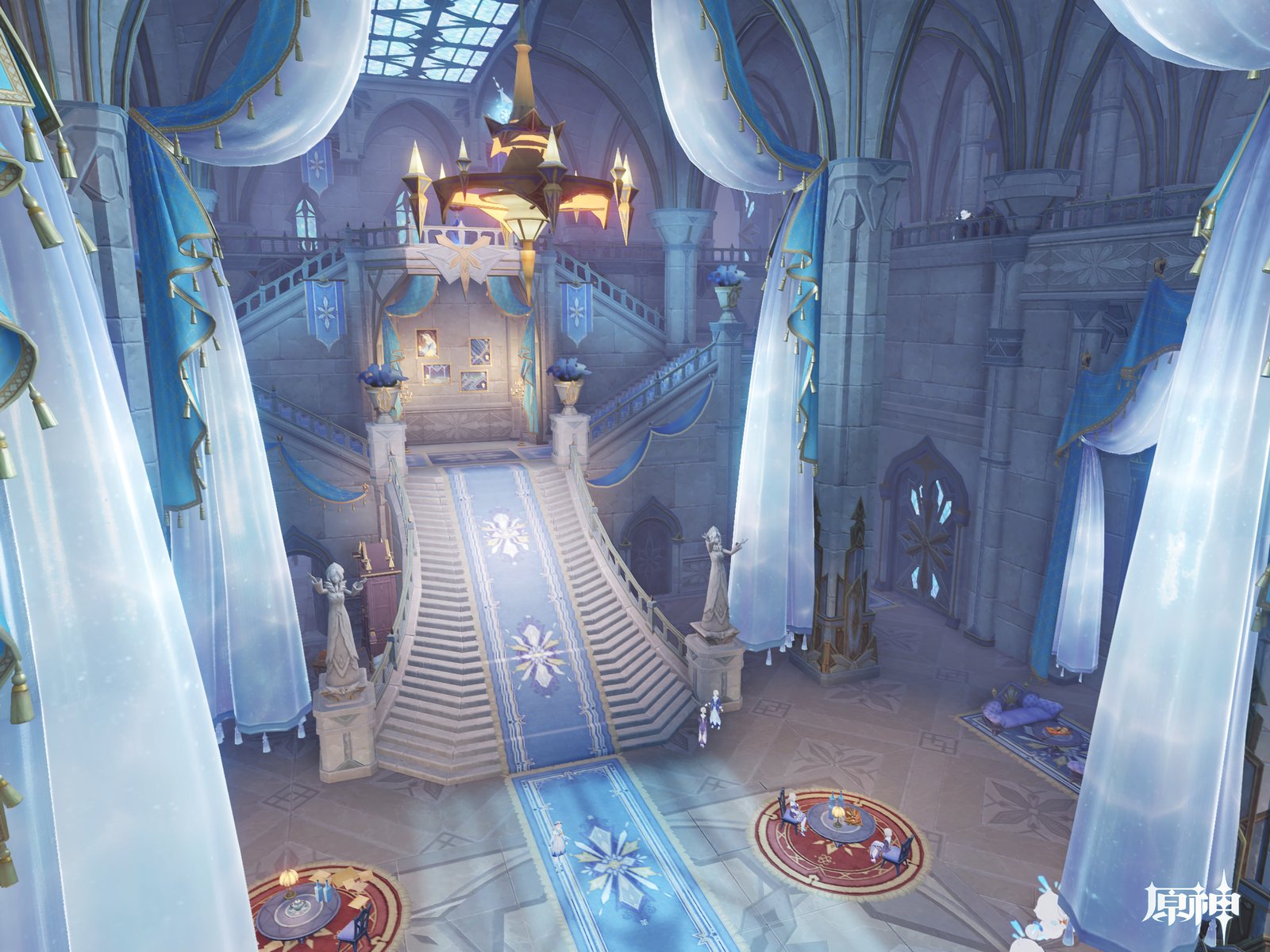An interior view of a grand palace featuring a central staircase covered by a blue patterned carpet, tall white curtains, and a large chandelier hanging from the vaulted ceiling.