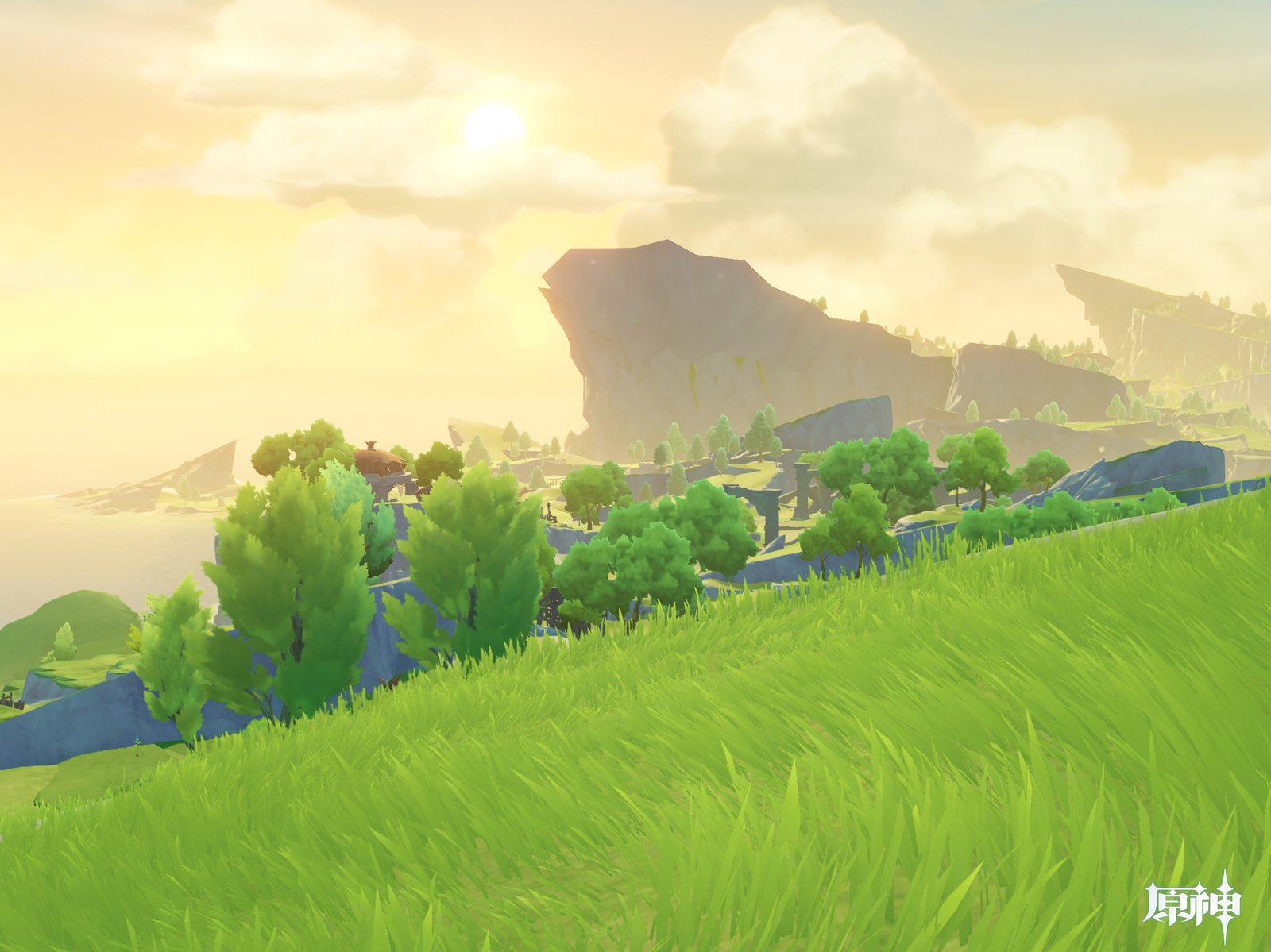 A sunlit landscape shows rolling grassy hills leading toward rocky cliffs and a distant sea under a bright, cloudy sky in a scene from Genshin Impact.
