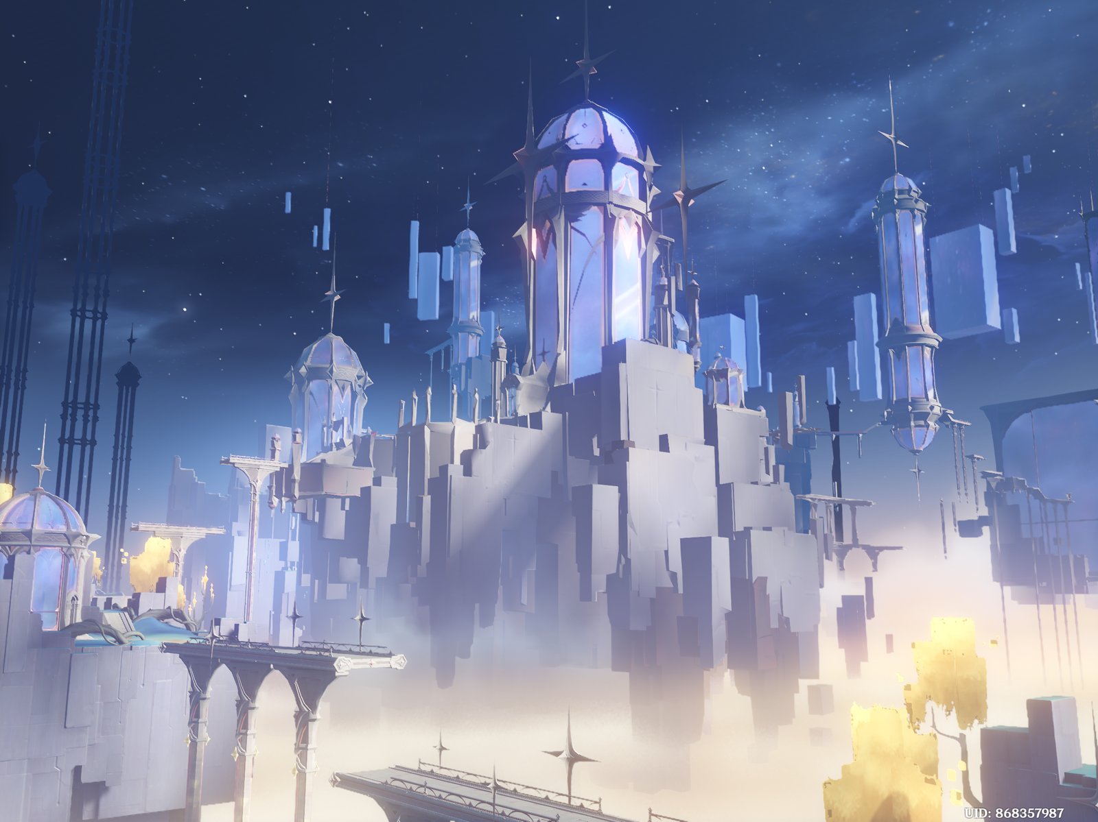 An ethereal, surreal city floats in a cloudy night sky with glowing, glass-domed towers and architectural structures suspended among floating geometric blocks.