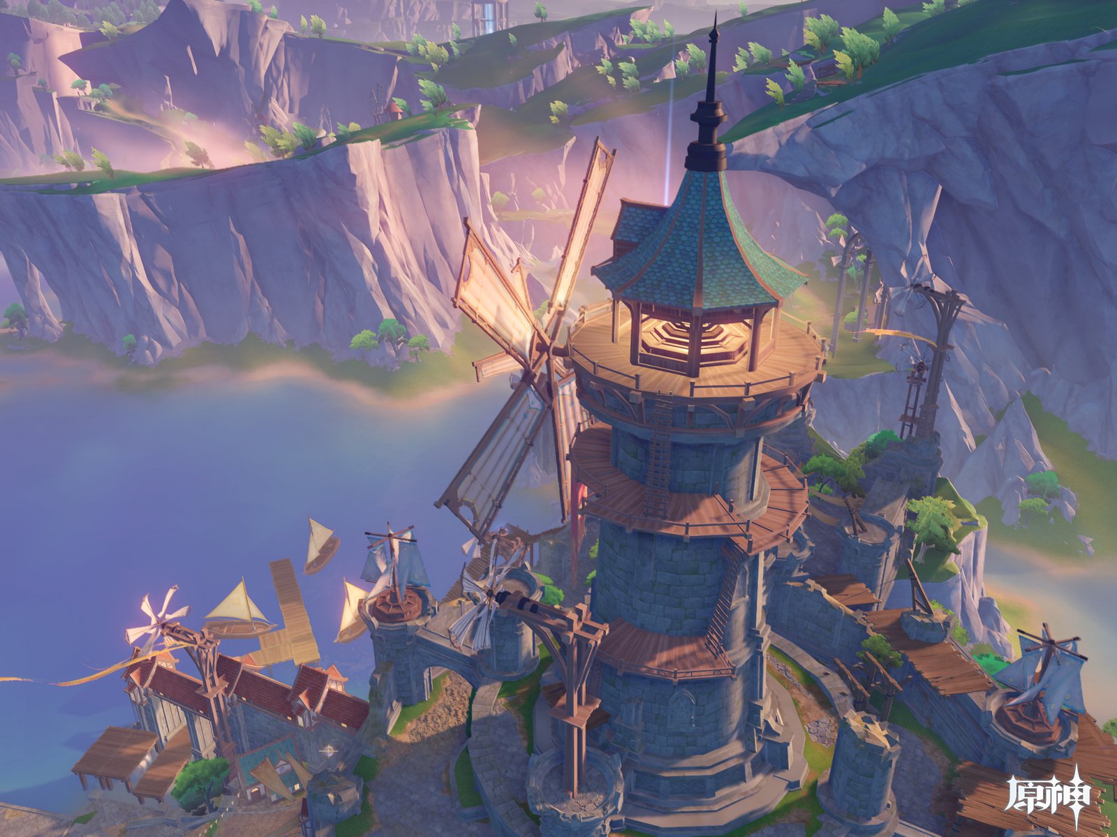 An elevated view of a stone windmill tower and surrounding fortifications in a fantasy landscape with cliffs and a lake.