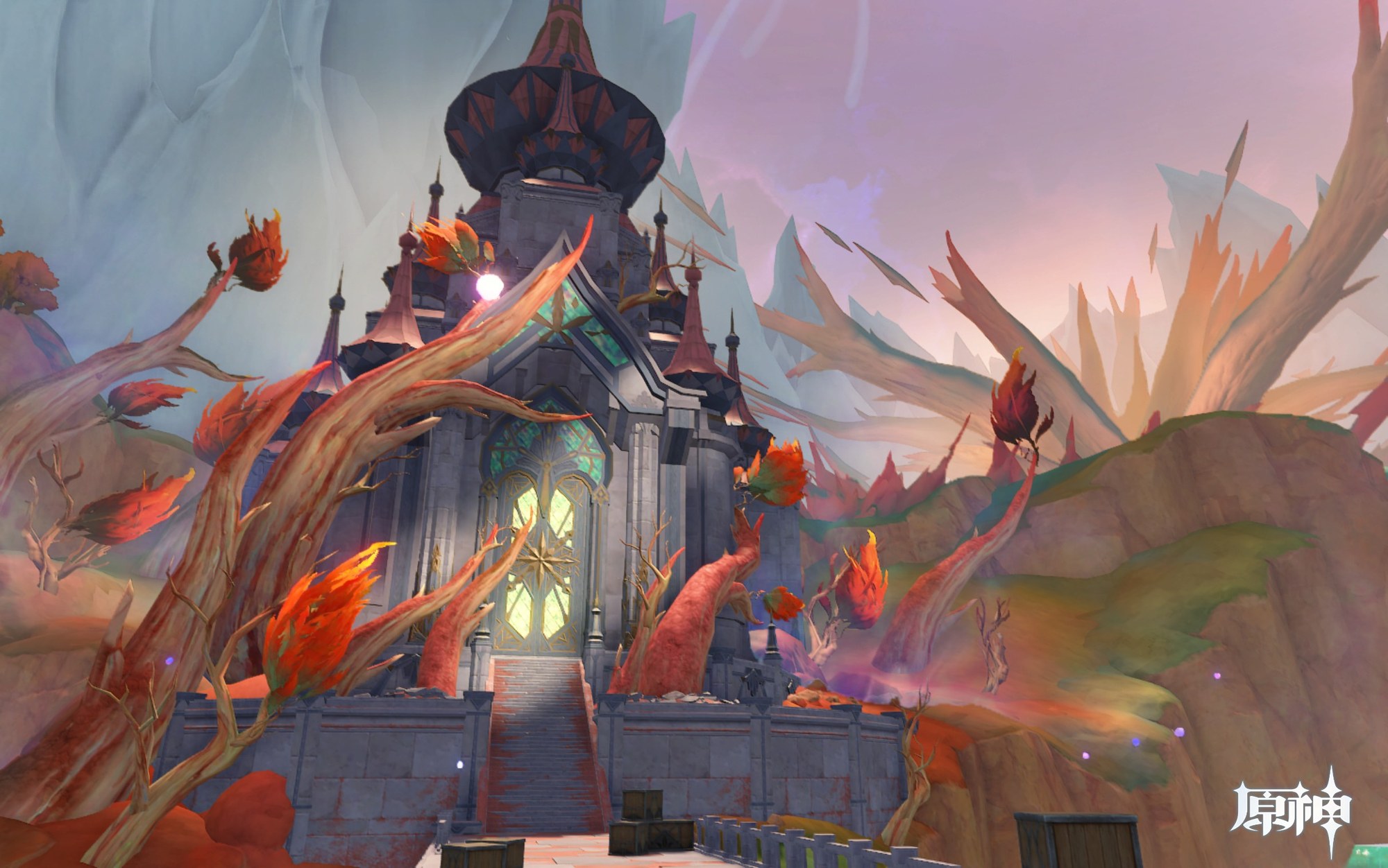 A tall, ornate stone building with a glowing arched doorway stands in a fantastical, autumnal landscape filled with red, twisted trees under a hazy sunset sky.