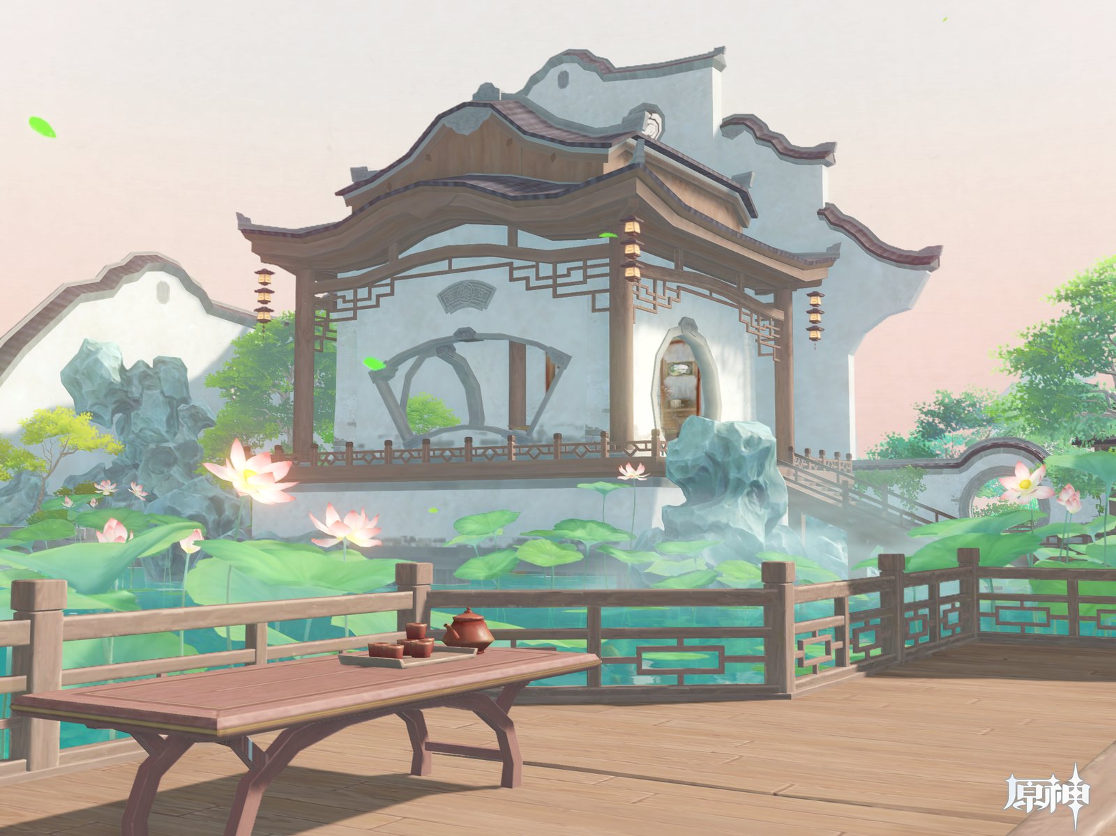 A serene landscape features a traditional Chinese-style pavilion overlooking a lotus pond with a wooden deck and a tea set in the foreground.