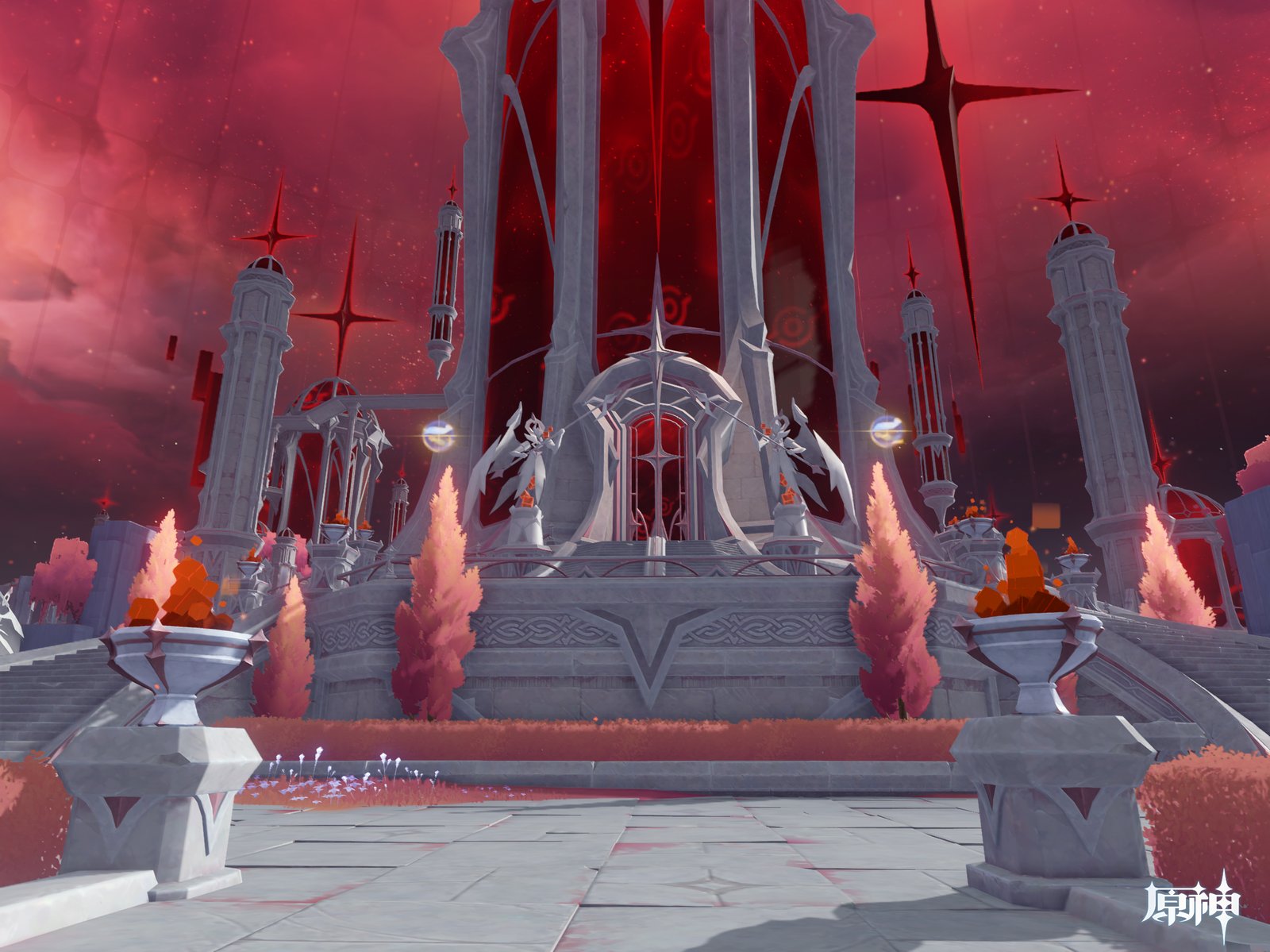 A majestic white stone structure with a prominent red glass tower stands beneath a deep crimson, star-filled sky.