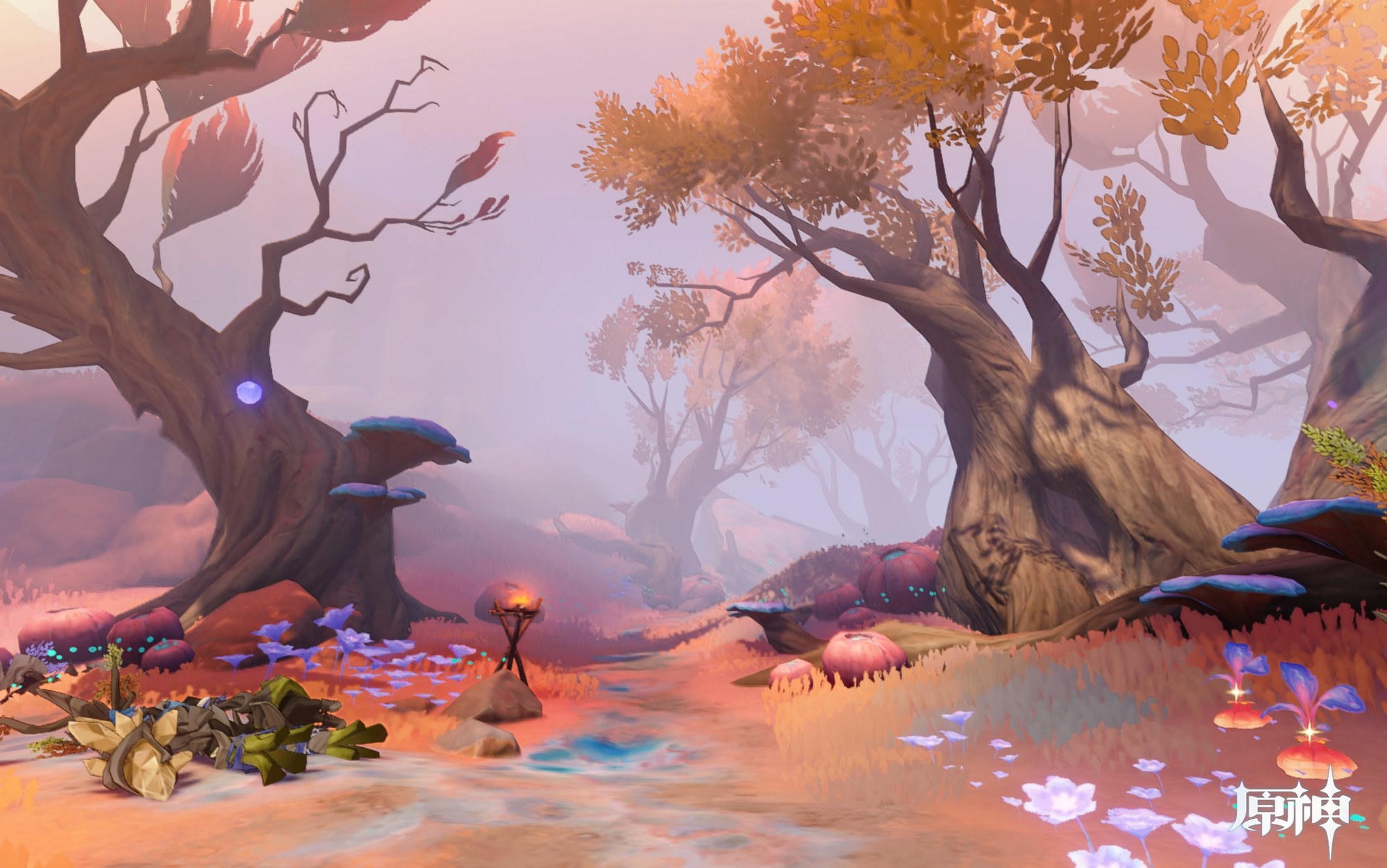 An ethereal forest landscape from Genshin Impact features large, gnarled trees with autumn-colored leaves, glowing purple mushrooms, and mysterious flora under a soft, hazy sky.