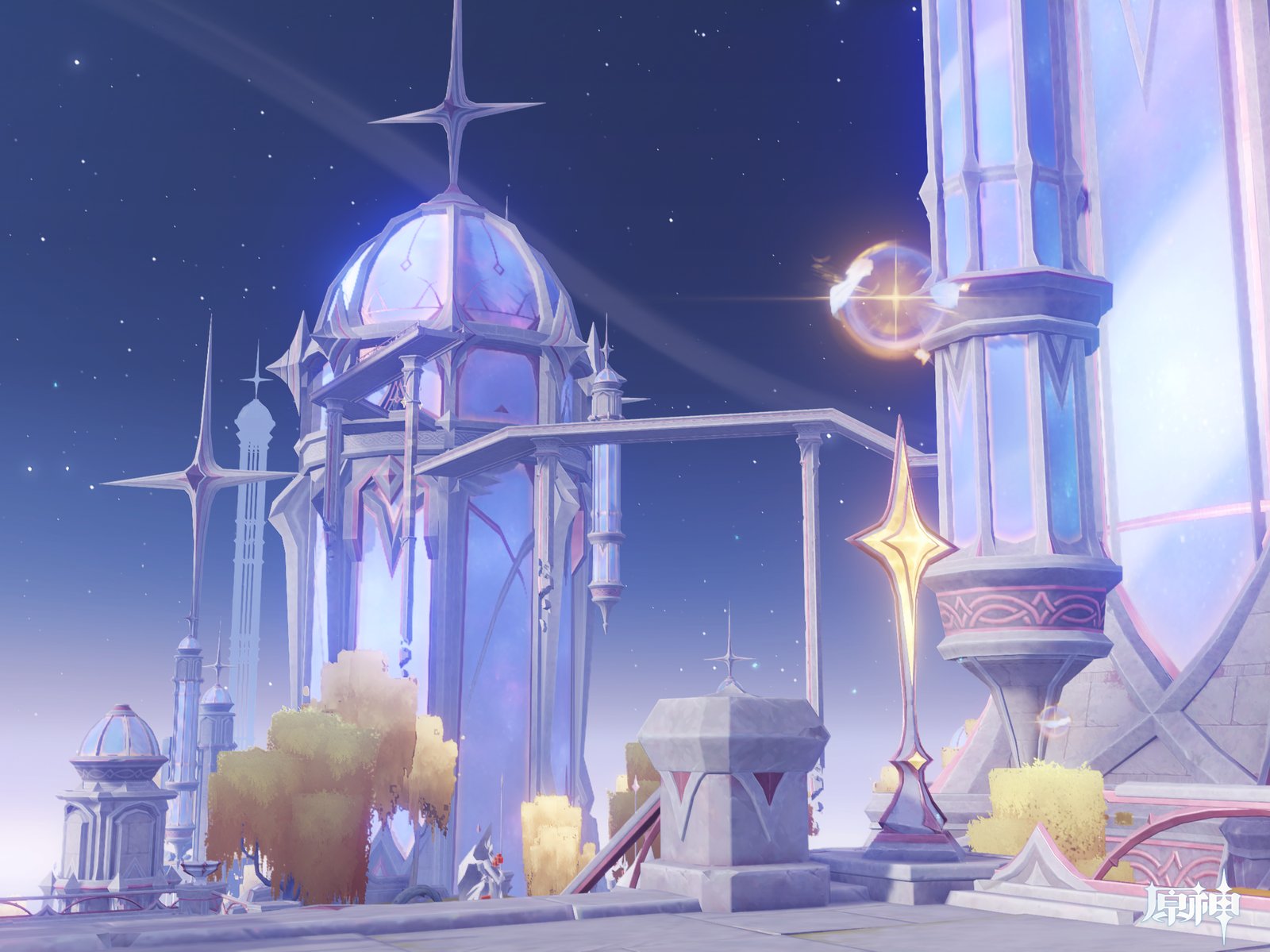 An elegant, futuristic-looking building with glowing blue glass towers and star-shaped accents sits beneath a night sky filled with stars.