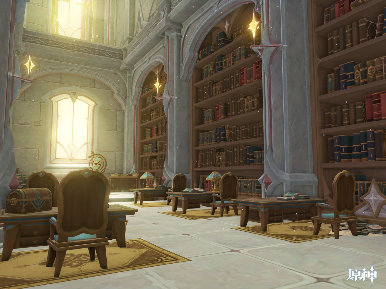 The interior of a brightly lit fantasy library features tall stone archways, rows of bookshelves filled with books, and wooden study desks arranged on rugs.