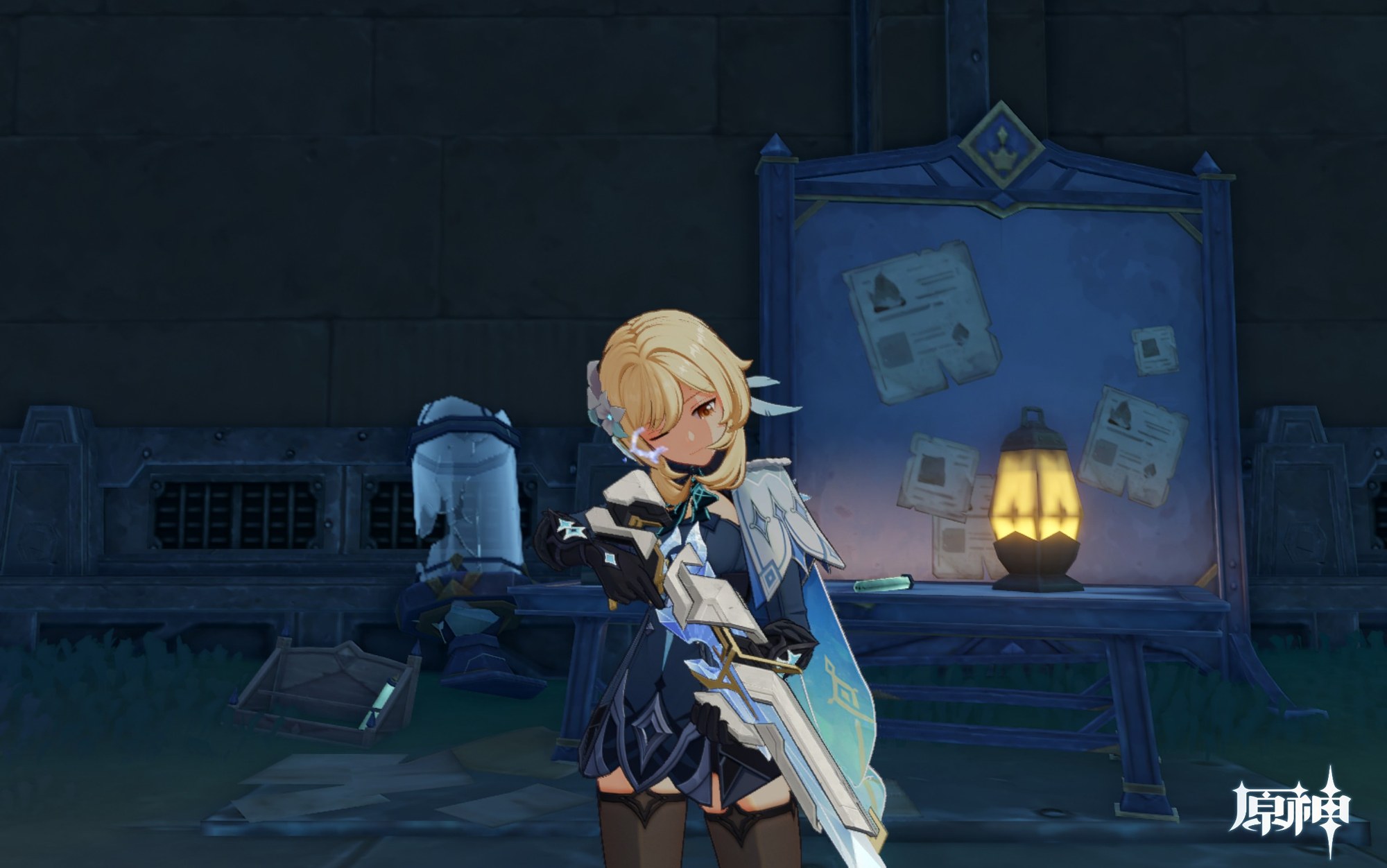 Lumine stands with a large futuristic pistol in hands in front of a dimly lit wooden notice board. The scene is dark and underground.