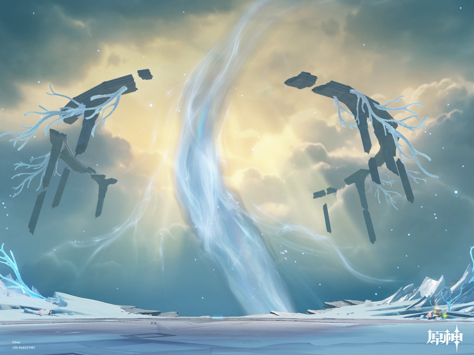 A bright, swirling pillar of light rises between two halves of a fractured, ancient stone ring suspended above a snowy landscape in Genshin Impact.