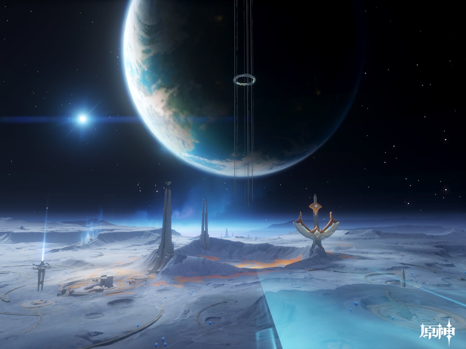 A sprawling, icy landscape on a desolate planet features towering, futuristic structures and a large, glowing ring suspended in the sky beneath a massive planetary body.