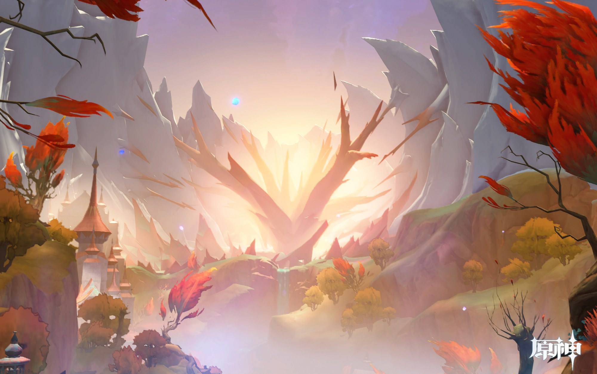 A stylized fantasy landscape features a bright, glowing horizon framed by sharp, white mountain peaks and autumn-colored trees with a small castle visible on the left.