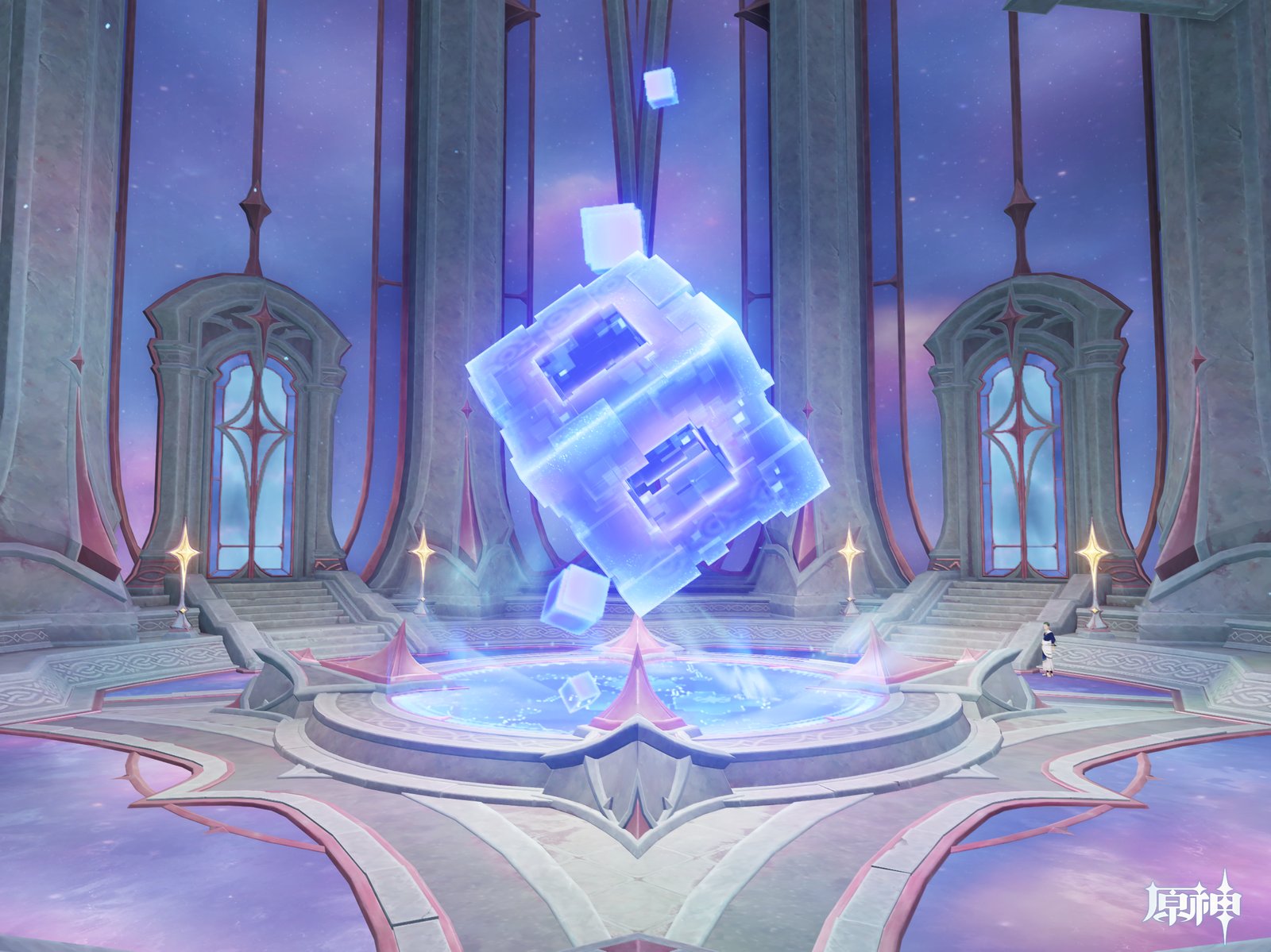 A large, glowing blue geometric cube floats above a shimmering circular pool in the center of a spacious, ornate hall.