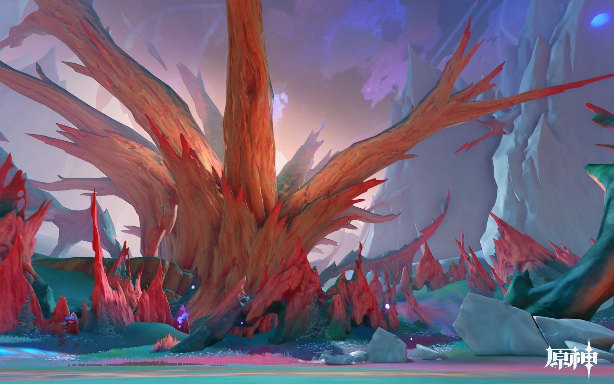A large, gnarled red tree dominates a surreal landscape filled with jagged red crystalline formations and soft, colorful terrain under a twilight sky.