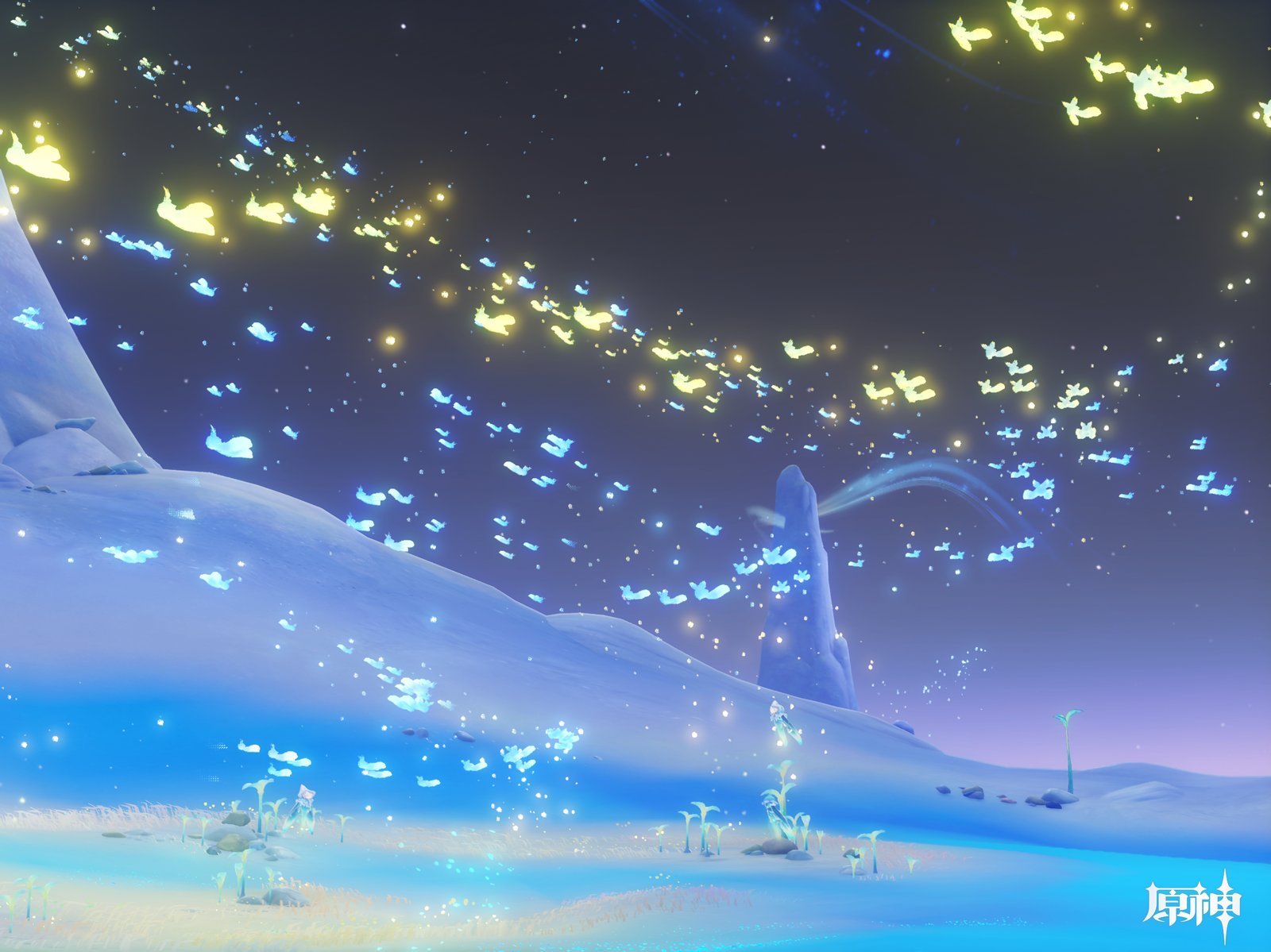 A landscape in Genshin Impact features glowing, butterfly-like creatures flying in streams of yellow and blue light across a dark, snow-covered terrain.