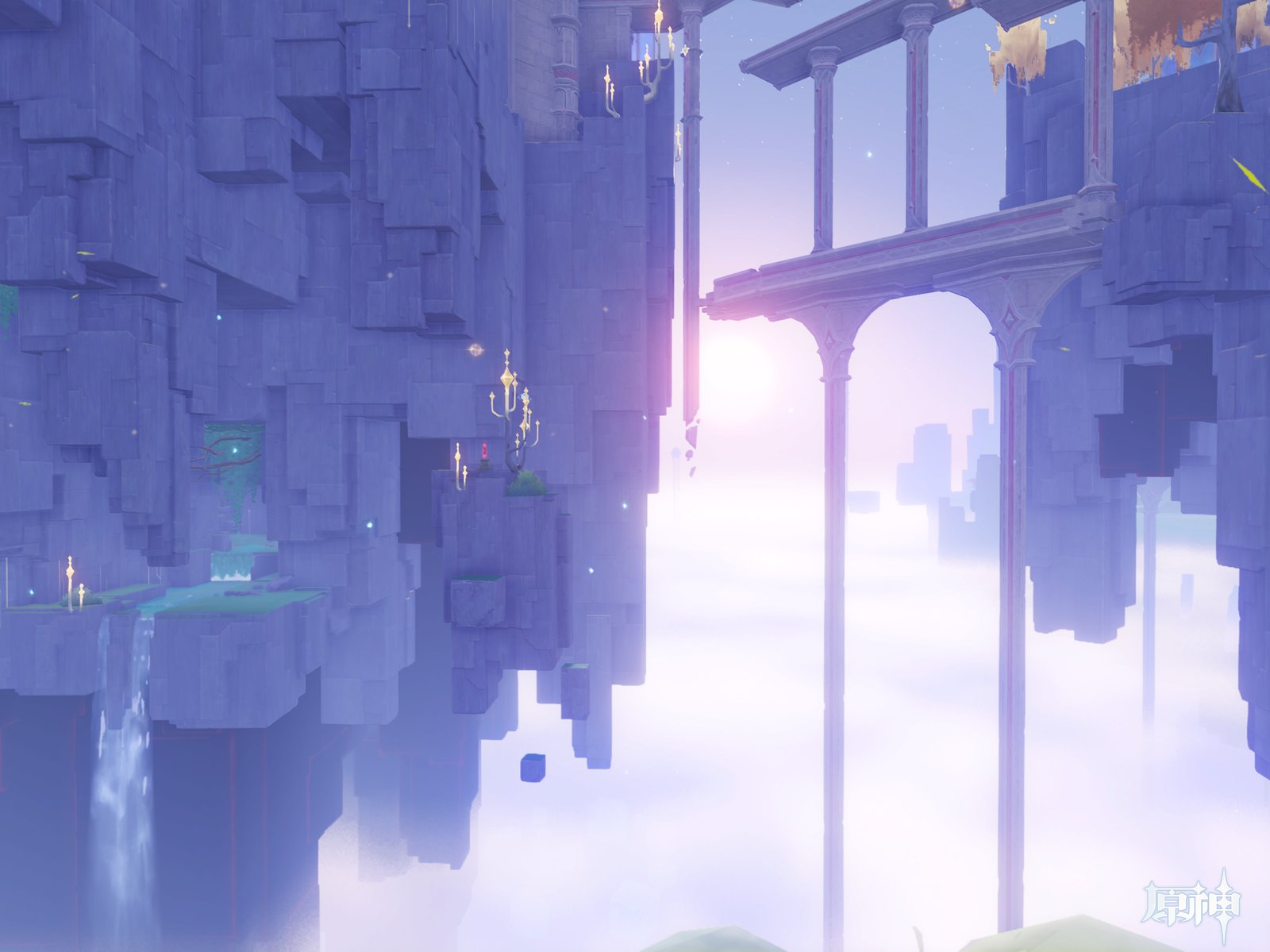 A cinematic landscape view from the game Genshin Impact shows ancient, block-like stone structures floating above a sea of clouds at sunset.